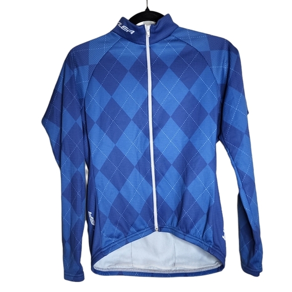 Voler Cycling Full Zip Long Sleeve Jersey Blue Argyle Harlequin Plaid Small - Picture 1 of 12